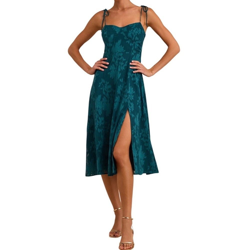 NWT Lulus Loveliest Looks Emerald Green Jacquard Tie-Strap Midi Dress M Party